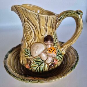 Vintage 1970 Lefton Mushroom Forest Ceramic Pitcher & Bowl Set Cottagecore Decor